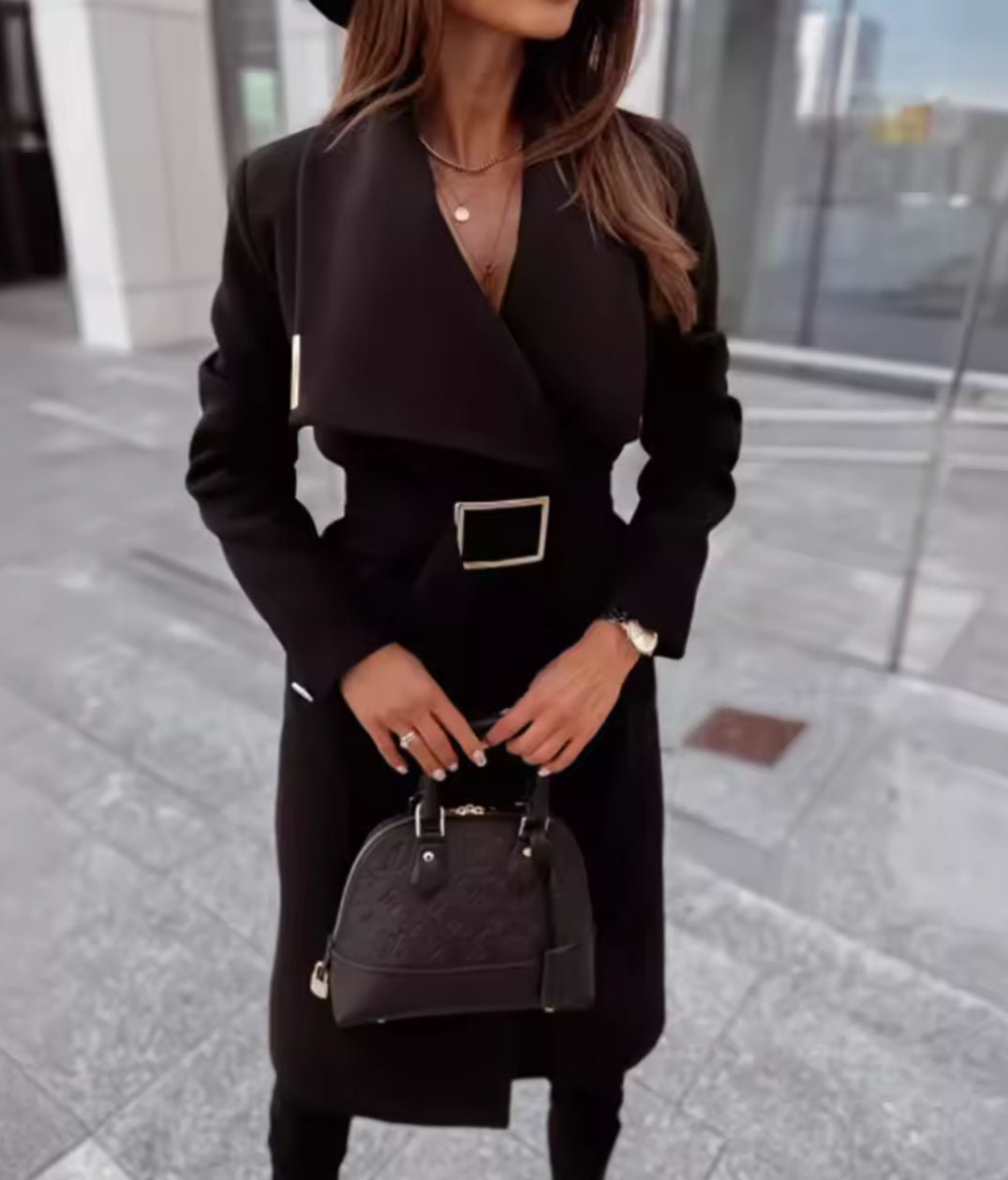 Kelly-Cappotto in misto lana con scollo a V e cintura elegante