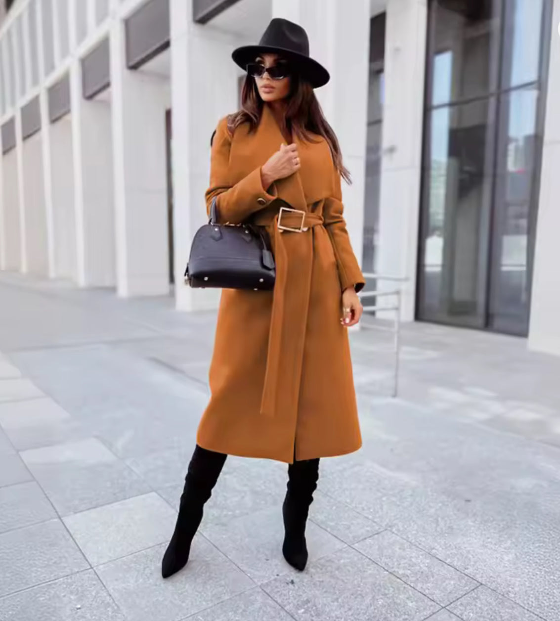 Kelly-Cappotto in misto lana con scollo a V e cintura elegante