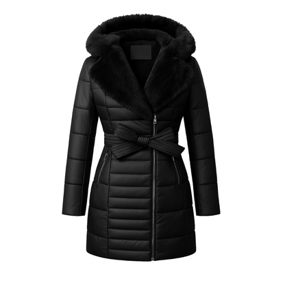 Manila- Cappotto Elegante con Cappuccio in Velluto e Pelliccia