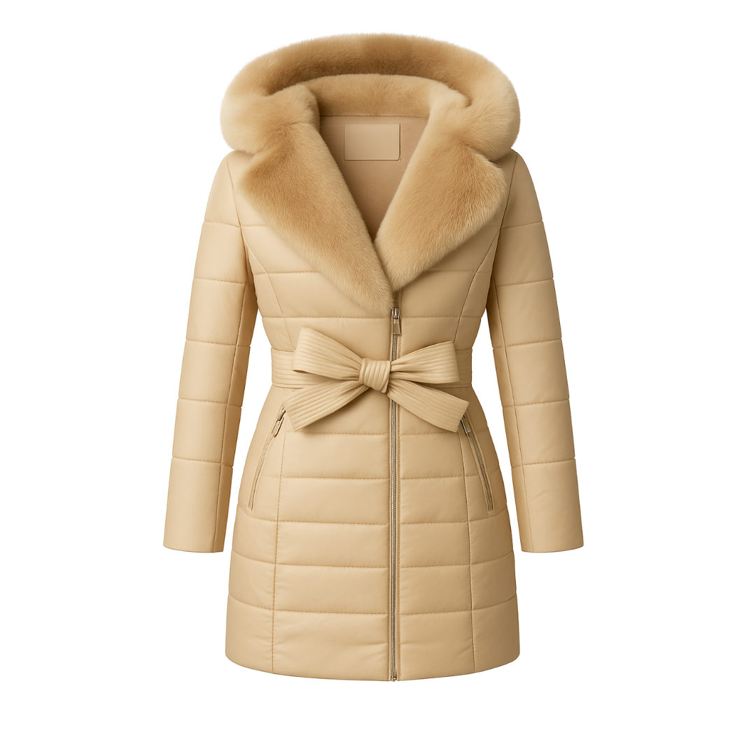 Manila- Cappotto Elegante con Cappuccio in Velluto e Pelliccia