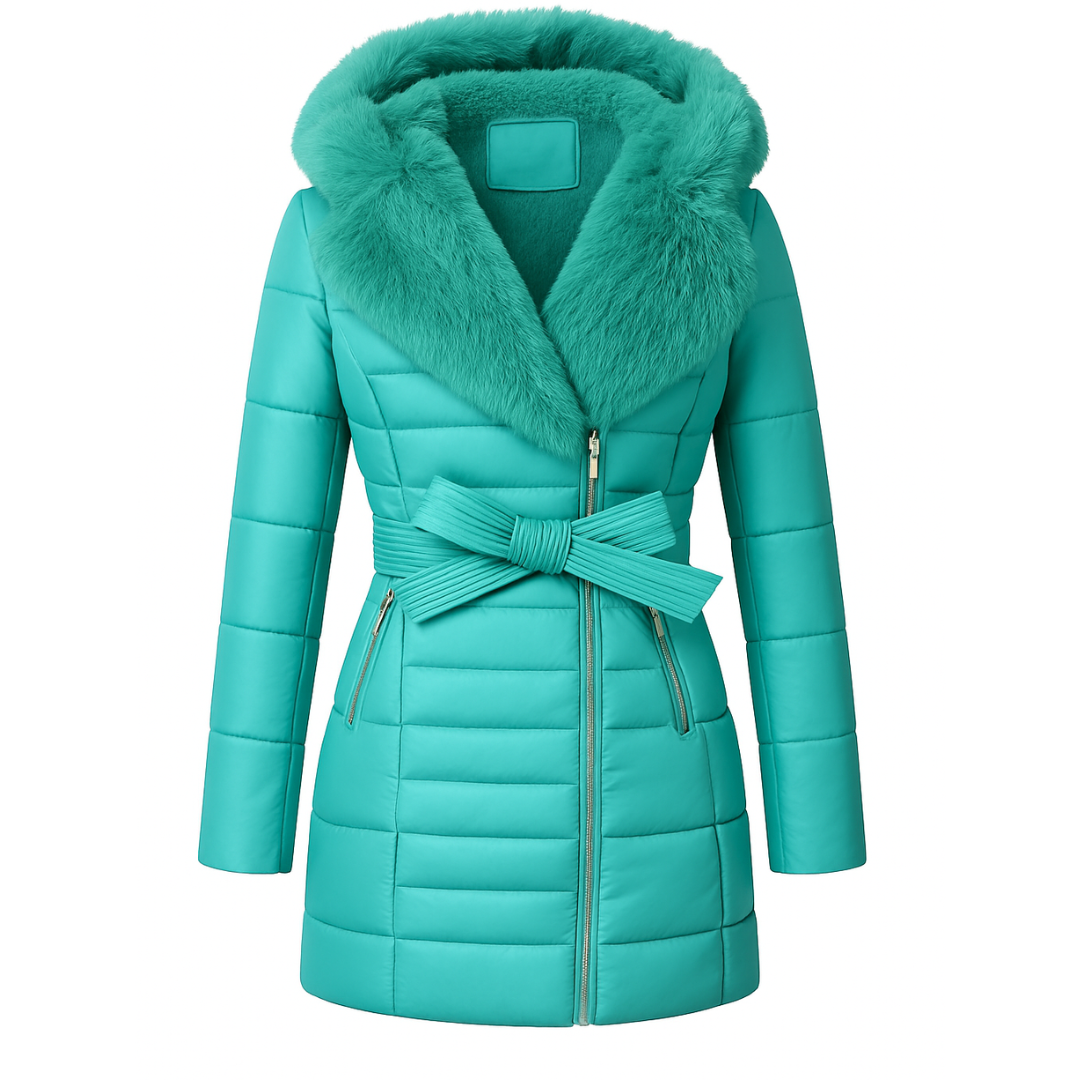 Manila- Cappotto Elegante con Cappuccio in Velluto e Pelliccia