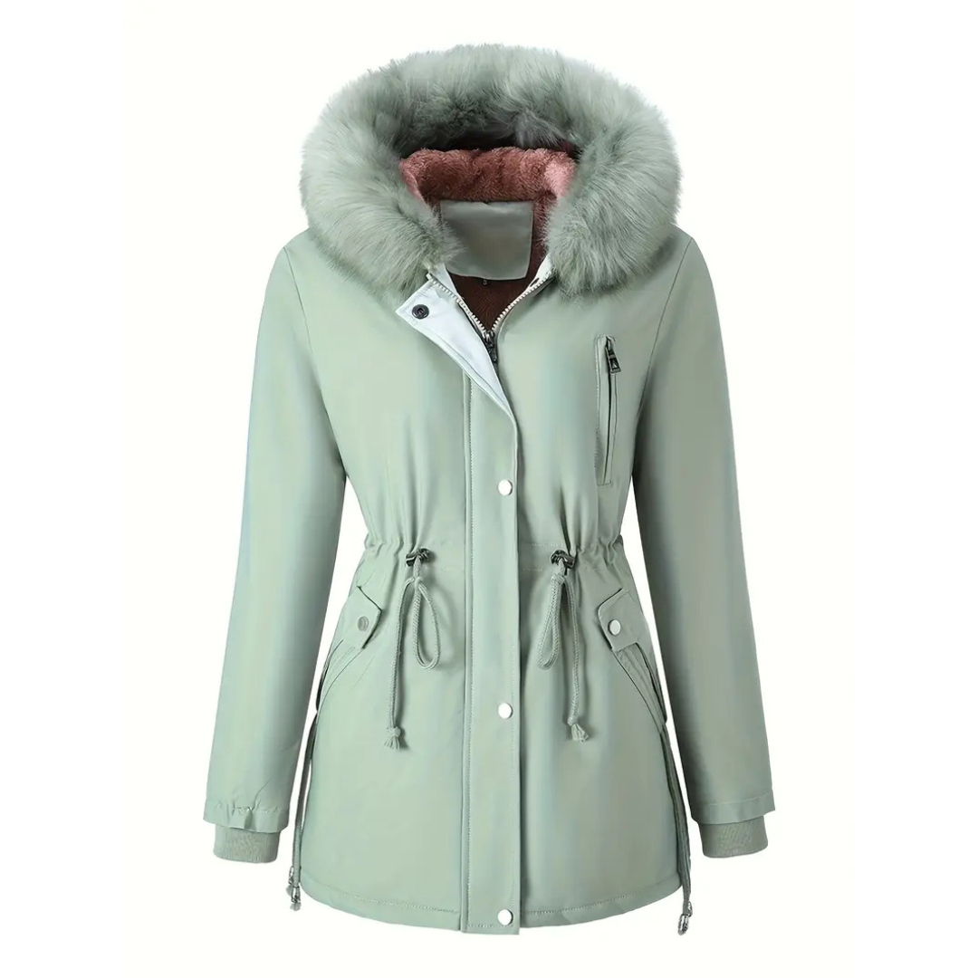 Rosemary-Cappotto invernale da donna, comodo e caldo, con cappuccio in finta pelliccia e coulisse in vita