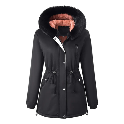 Rosemary-Cappotto invernale da donna, comodo e caldo, con cappuccio in finta pelliccia e coulisse in vita
