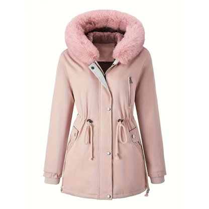 Rosemary-Cappotto invernale da donna, comodo e caldo, con cappuccio in finta pelliccia e coulisse in vita