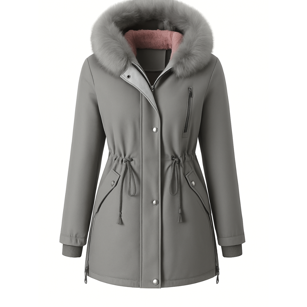 Rosemary-Cappotto invernale da donna, comodo e caldo, con cappuccio in finta pelliccia e coulisse in vita