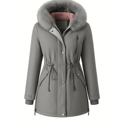 Rosemary-Cappotto invernale da donna, comodo e caldo, con cappuccio in finta pelliccia e coulisse in vita