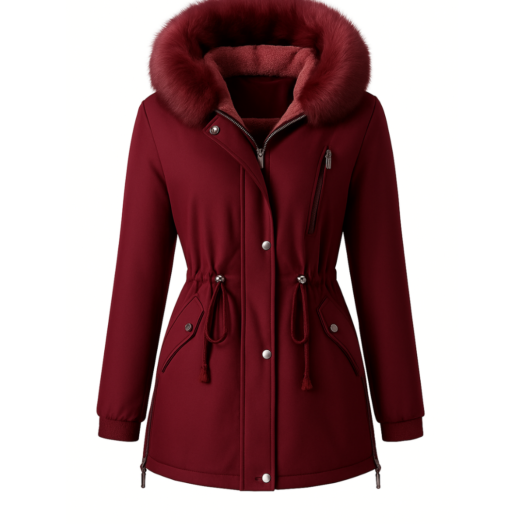 Rosemary-Cappotto invernale da donna, comodo e caldo, con cappuccio in finta pelliccia e coulisse in vita