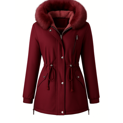 Rosemary-Cappotto invernale da donna, comodo e caldo, con cappuccio in finta pelliccia e coulisse in vita
