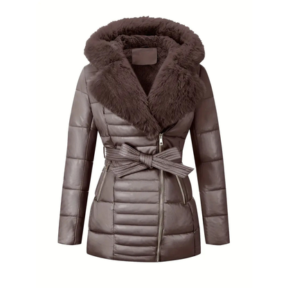 Manila- Cappotto Elegante con Cappuccio in Velluto e Pelliccia